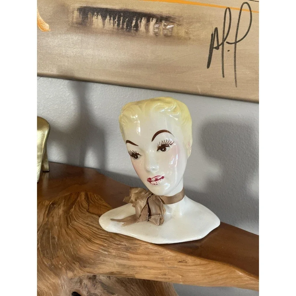 VTG MCM Deco Signed HORTON CERAMICS Head Vase Blonde Glamour Girl Original Scarf